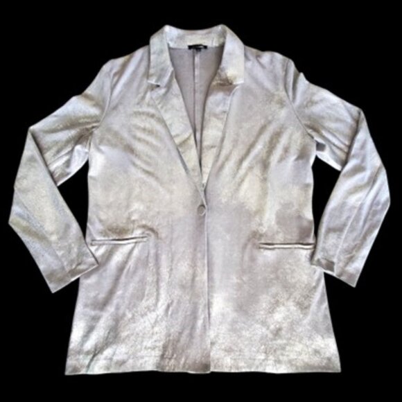 Festive Soft Metallic Silver Faux Suede Longline Blazer Sz XL Holiday Party Glam - Picture 1 of 9